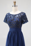 Blu navy linea ad A abito lungo per la madre della sposa in chiffon con applicazioni