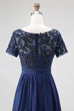 Blu navy linea ad A abito lungo per la madre della sposa in chiffon con applicazioni