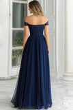 Elegante A-Line Navy Off the Shoulder Chiffon Abito lungo madre della sposa con applicazioni in pizzo