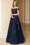 Elegante blu navy Off the Line, tulle, lungo, abito da sposa con applicazioni in pizzo