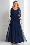 Elegante Navy V-Neck A-Line Chiffon Abito Lungo Madre Della Sposa con maniche a 3/4