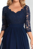 Elegante Navy V-Neck A-Line Chiffon Abito Lungo Madre Della Sposa con maniche a 3/4