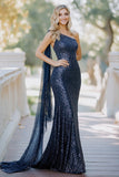 Navy paillettes guaina monospalla madre del vestito da sposa con mantello