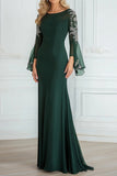 Scoop Neck Chiffon Lace A Line Verde scuro maniche lunghe Abito da sposa