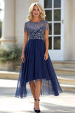Blu marino pizzo tulle una linea Scoop Neck maniche corte madre del vestito da sposa