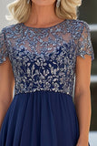 Blu marino pizzo tulle una linea Scoop Neck maniche corte madre del vestito da sposa