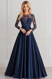 Sparkly Navy A-Line maniche lunghe allacciato Top in raso madre dell'abito da sposa