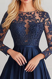 Sparkly Navy A-Line maniche lunghe allacciato Top in raso madre dell'abito da sposa
