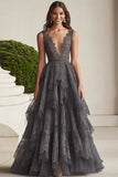 Grigio scuro A-Line Scollo a V Pizzo Increspature Lungo Madre Abito Da Sposa