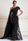 Sirena nera monospalla pizzo lungo madre del vestito da sposa con mantello spalla laterale