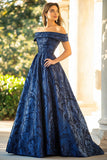 Navy A-Line Off la spalla increspato jacquard lungo madre del vestito da sposa