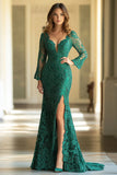 Verde scuro sirena maniche lunghe pizzo lungo madre dell'abito da sposa con fessura