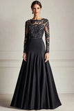 Sparkly nero A-Line maniche lunghe raso lungo madre dell'abito da sposa con applicazioni in pizzo