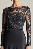 Sparkly nero A-Line maniche lunghe raso lungo madre dell'abito da sposa con applicazioni in pizzo