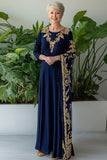 Navy guaina maniche lunghe chiffon lungo madre dell'abito da sposa con ricamo