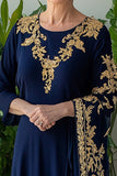 Navy guaina maniche lunghe chiffon lungo madre dell'abito da sposa con ricamo