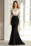 Nero Bianco Mermaid Lace Top Maniche Lunghe Scoop Raso Lungo Madre Abito Da Sposa