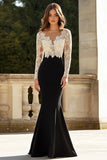 Guaina in raso con scollo a V in pizzo nero Abito da sposa con maniche lunghe