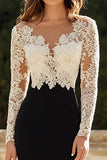 Guaina in raso con scollo a V in pizzo nero Abito da sposa con maniche lunghe