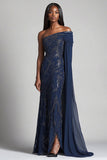 Sparkly Navy una spalla guaina lunga madre del vestito da sposa con fusciacca
