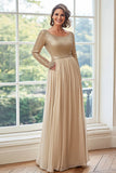 Dorato A Line Chiffon Plissettato Madre del Vestito Da Sposa con Maniche Lunghe