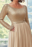 Dorato A Line Chiffon Plissettato Madre del Vestito Da Sposa con Maniche Lunghe