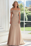 Taupe pizzo applique guaina fuori dalla spalla madre del vestito da sposa