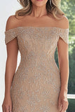 Taupe pizzo applique guaina fuori dalla spalla madre del vestito da sposa