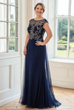 Navy Guaina Scollo A Barca Pizzo Appliqued Lungo Madre Del Vestito Della Sposa