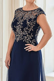 Navy Guaina Scollo A Barca Pizzo Appliqued Lungo Madre Del Vestito Della Sposa