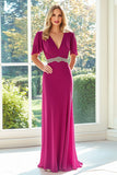 Colonna Scollo A V Maniche Corte Fucsia Lungo Madre Dell'abito Da Sposa