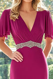 Colonna Scollo A V Maniche Corte Fucsia Lungo Madre Dell'abito Da Sposa