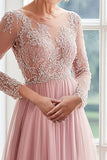 A Line Blush Scollo A Barca Maniche Lunghe Tulle Lungo Madre Dell'abito Da Sposa