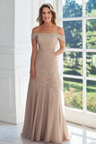 Off The Shoulder Taupe A Line Lace Appliqued Madre del Vestito Da Sposa