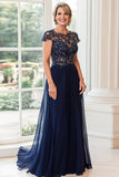 Scoop Neck A Line Navy Cap Sleeves Madre del Vestito Da Sposa