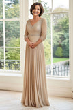 Elegante Champagne A Line V Neck Plissettato Madre Abito Da Sposa