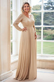 Champagne A Line V Neck Pieghettato Maniche Lunghe Madre Abito Da Sposa