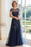 Una linea Navy Scoop Neck Cap Maniche in pizzo Madre del vestito da sposa