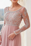 Elegante Blush Scollo A Barca Applique Guaina Lunga Madre della Sposa con Maniche Lunghe