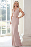 Elegante Taupe V-Neck Applique Tubino Matte Satin Lungo Madre della Sposa