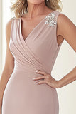 Elegante Taupe V-Neck Applique Tubino Matte Satin Lungo Madre della Sposa
