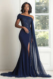 Elegante Navy una spalla sirena Applique chiffon lungo madre della sposa con mantello
