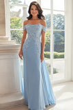 Elegante cielo blu fuori dalla spalla guaina in chiffon lunga madre della sposa con applicazioni in pizzo