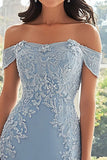 Elegante cielo blu fuori dalla spalla guaina in chiffon lunga madre della sposa con applicazioni in pizzo
