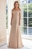 Elegante tortora fuori dalla spalla guaina in chiffon lunga madre della sposa con applique in pizzo