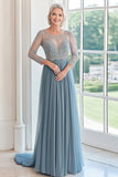 Elegante blu polveroso Scoop Tulle Applique A-Line lungo madre della sposa