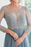 Elegante blu polveroso Scoop Tulle Applique A-Line lungo madre della sposa