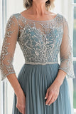Elegante blu polveroso Scoop A-Line Tulle lungo madre della sposa con perline