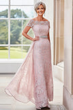 Elegante Blush Off the Spalla Colonna Pizzo Lungo Madre della Sposa con Strass