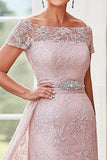 Elegante Blush Off the Spalla Colonna Pizzo Lungo Madre della Sposa con Strass